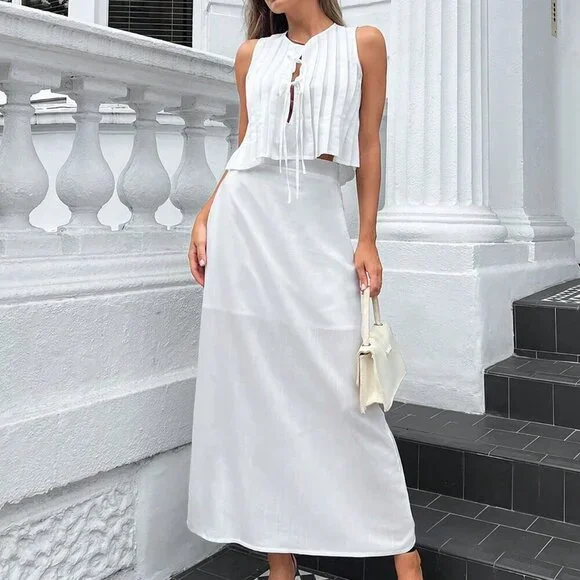 White Casual Women's Ribbon-Tied Ruffled Sleeveless Blouse And Long Skirt Set - Picture 7 of 8